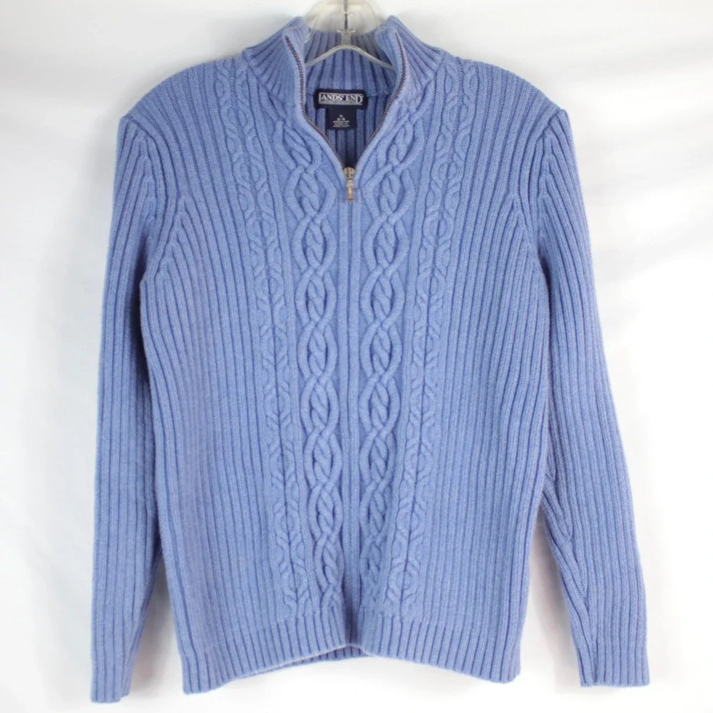 Lands' End Blue Cable Knit Quarter Zip Mock Neck Sweater Women's Size S